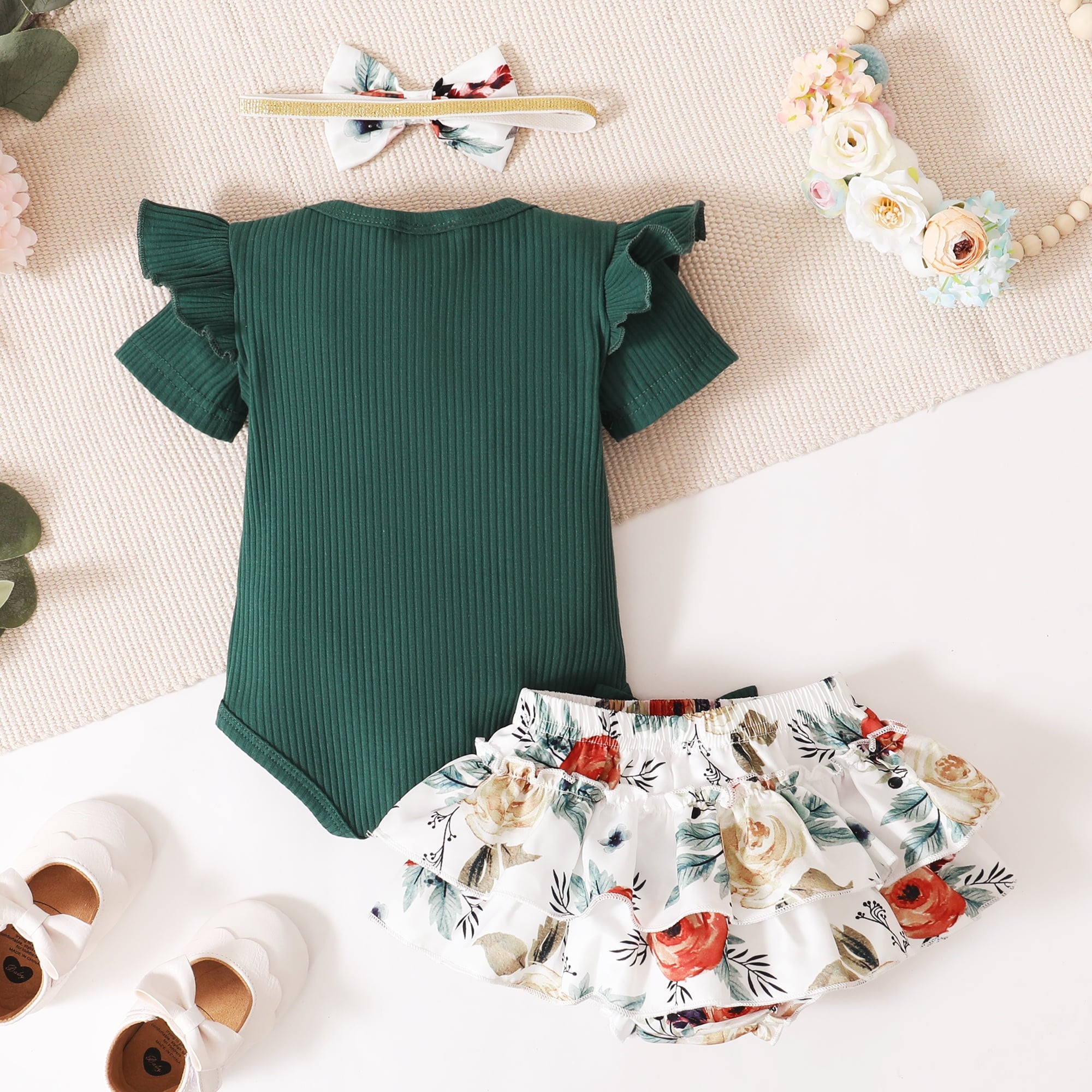 PatPat 3pcs Baby Girl 95% Cotton Short-Sleeve Letter Print Romper & Floral Print Layered Ruffled Shorts & Headband Set,0-18 Month