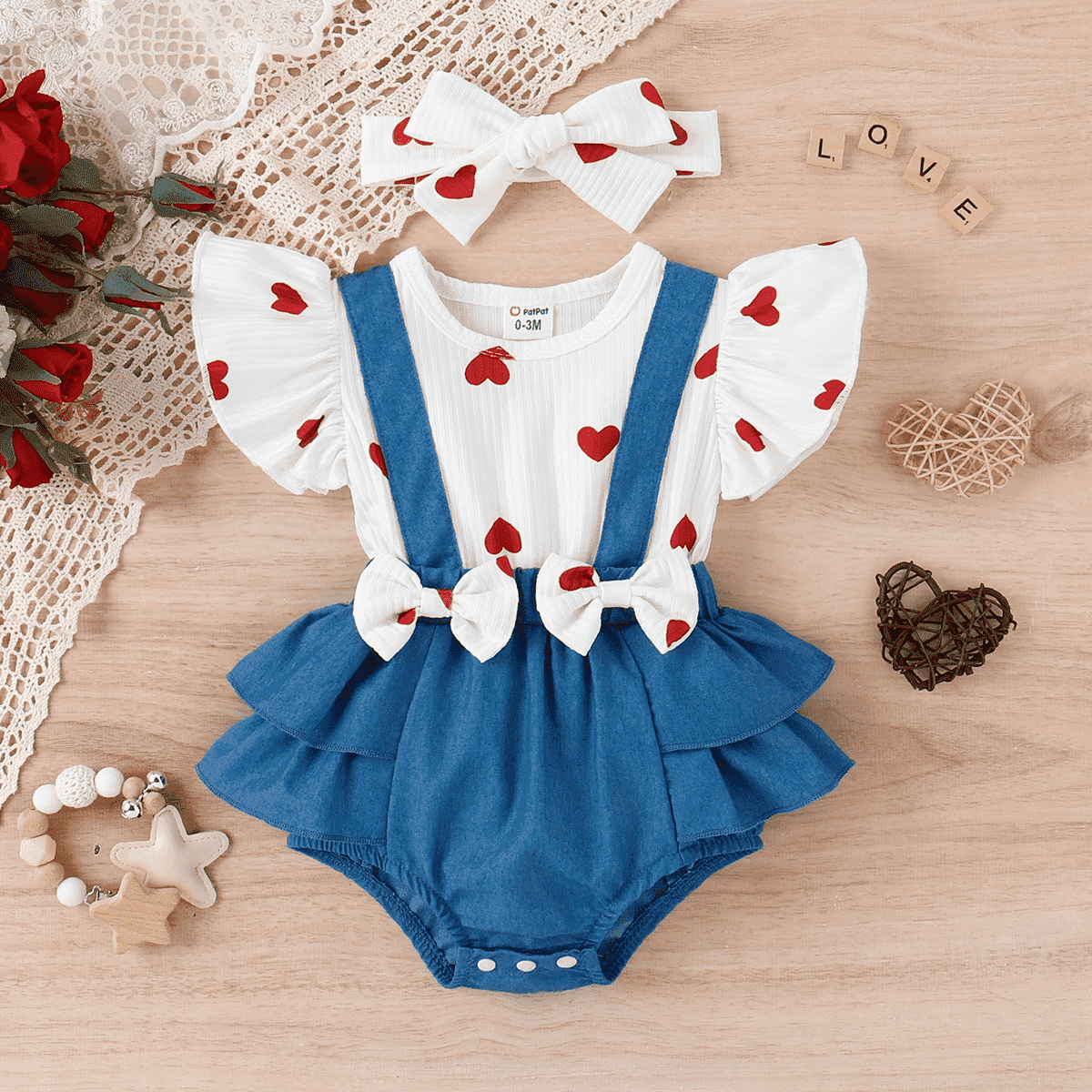 PatPat 3pcs Baby Girl 95% Cotton Short-Sleeve Letter Print Romper & Floral Print Layered Ruffled Shorts & Headband Set,0-18 Month
