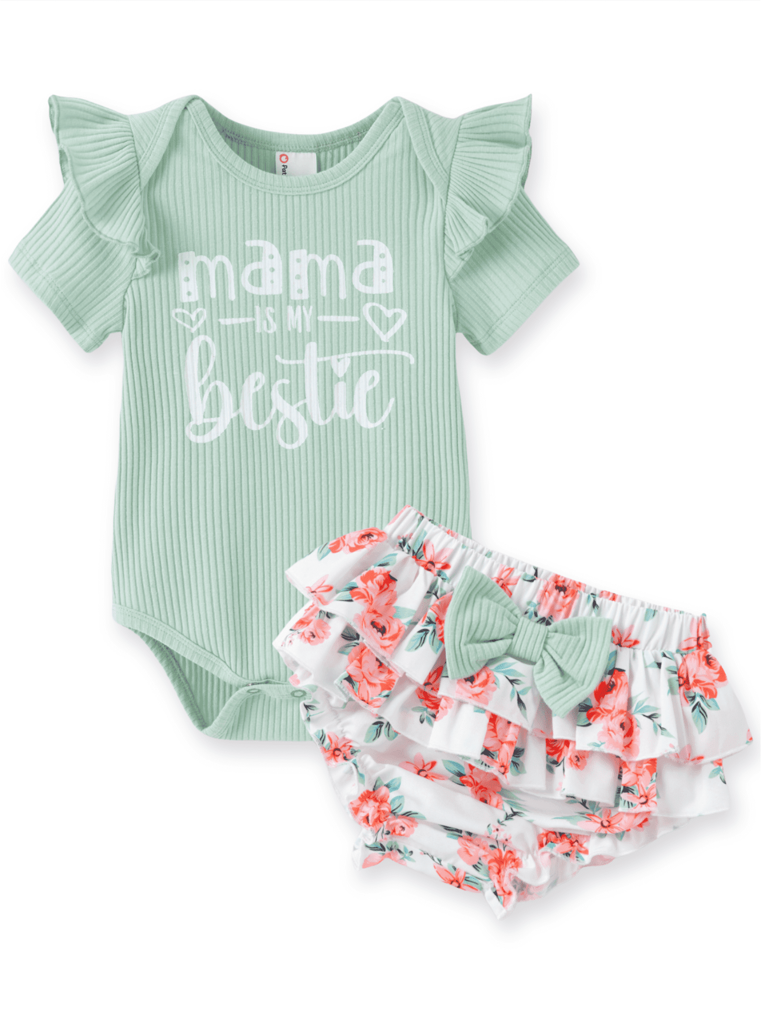 PatPat 3pcs Baby Girl 95% Cotton Short-Sleeve Letter Print Romper & Floral Print Layered Ruffled Shorts & Headband Set,0-18 Month