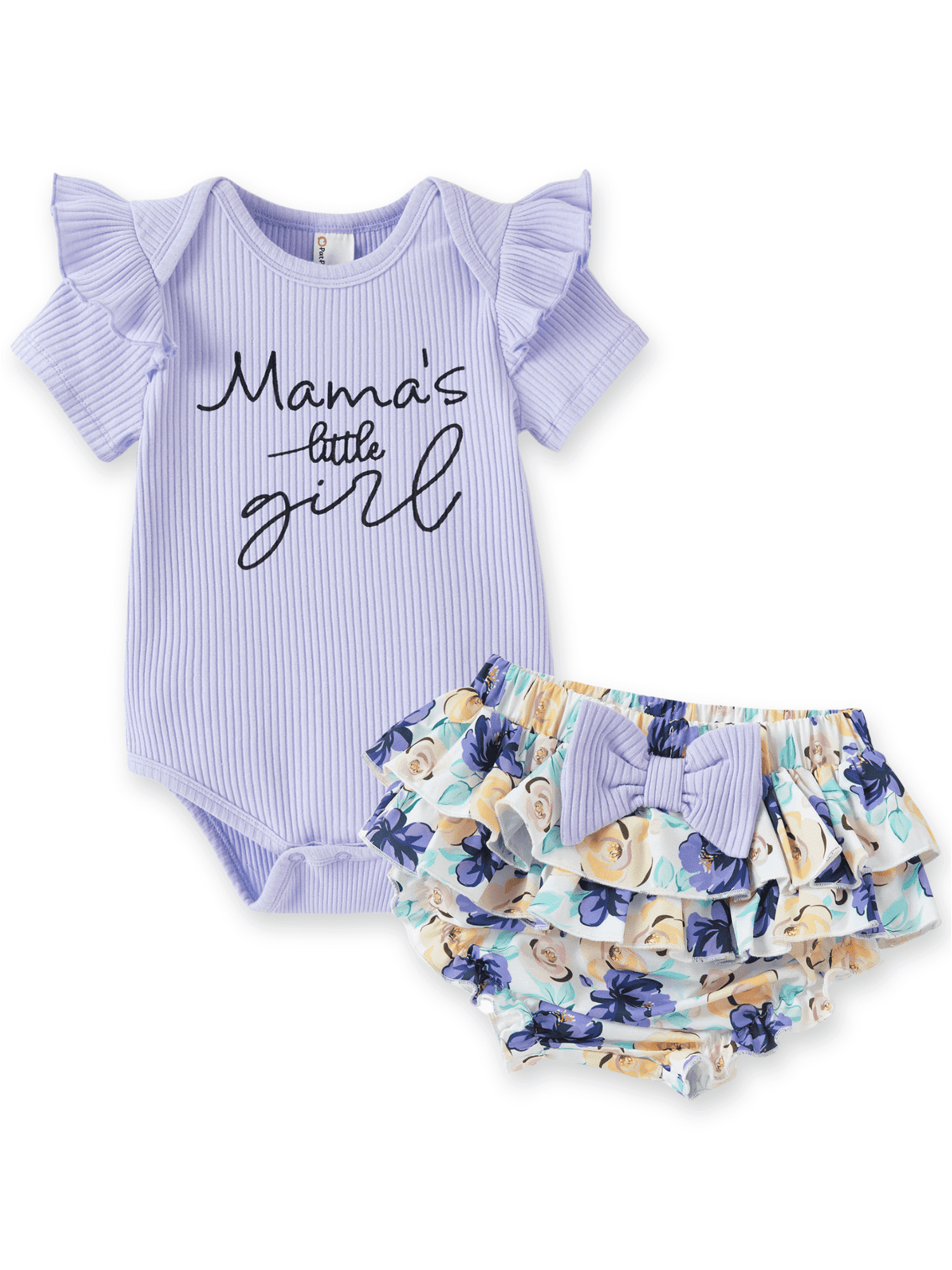 PatPat 3pcs Baby Girl 95% Cotton Short-Sleeve Letter Print Romper & Floral Print Layered Ruffled Shorts & Headband Set,0-18 Month