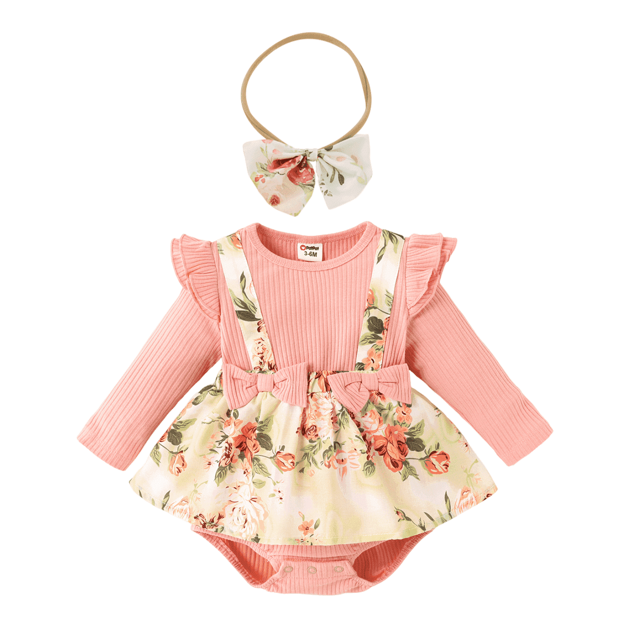 PatPat 3pcs Baby Girl 95% Cotton Short-Sleeve Letter Print Romper & Floral Print Layered Ruffled Shorts & Headband Set,0-18 Month