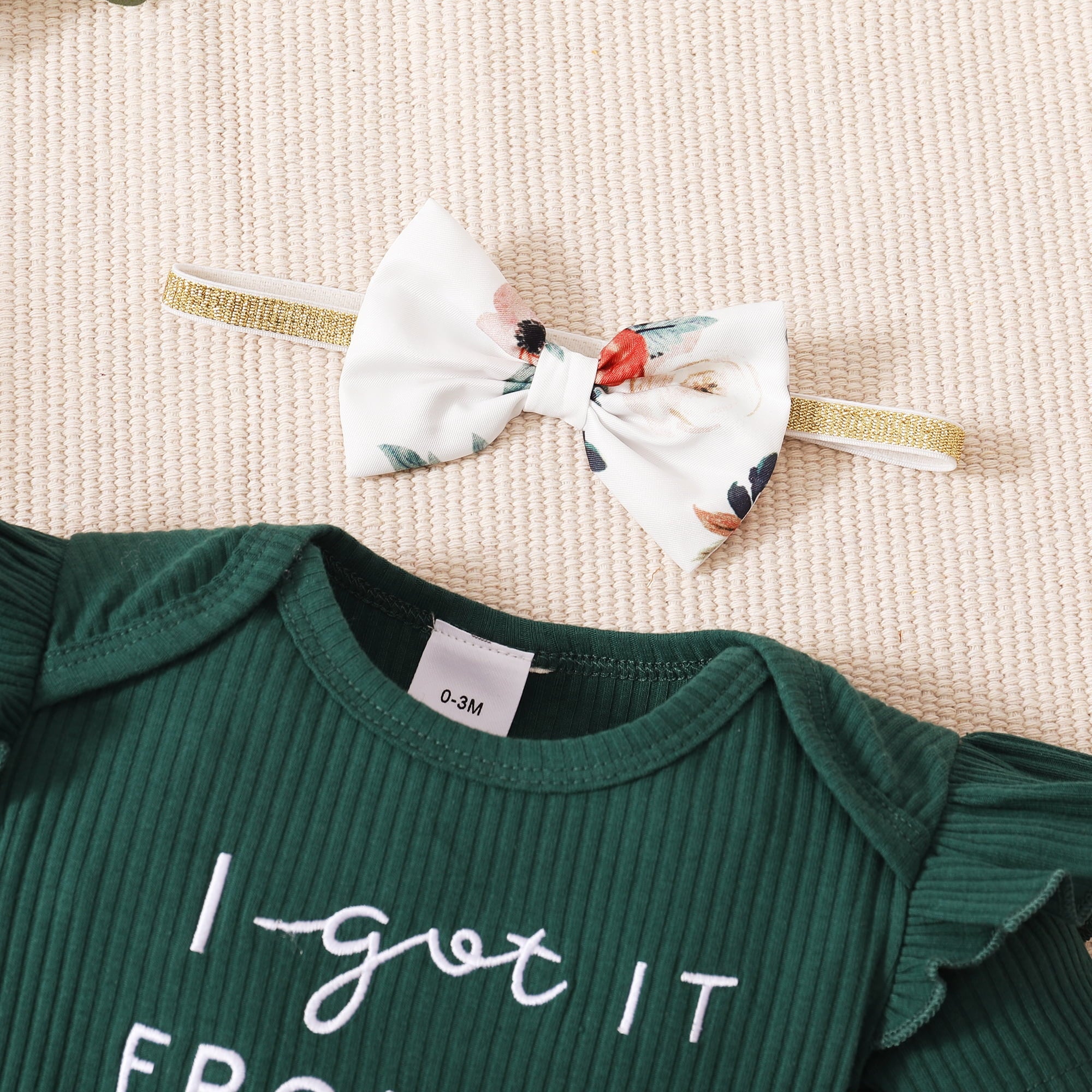 PatPat 3pcs Baby Girl 95% Cotton Short-Sleeve Letter Print Romper & Floral Print Layered Ruffled Shorts & Headband Set,0-18 Month